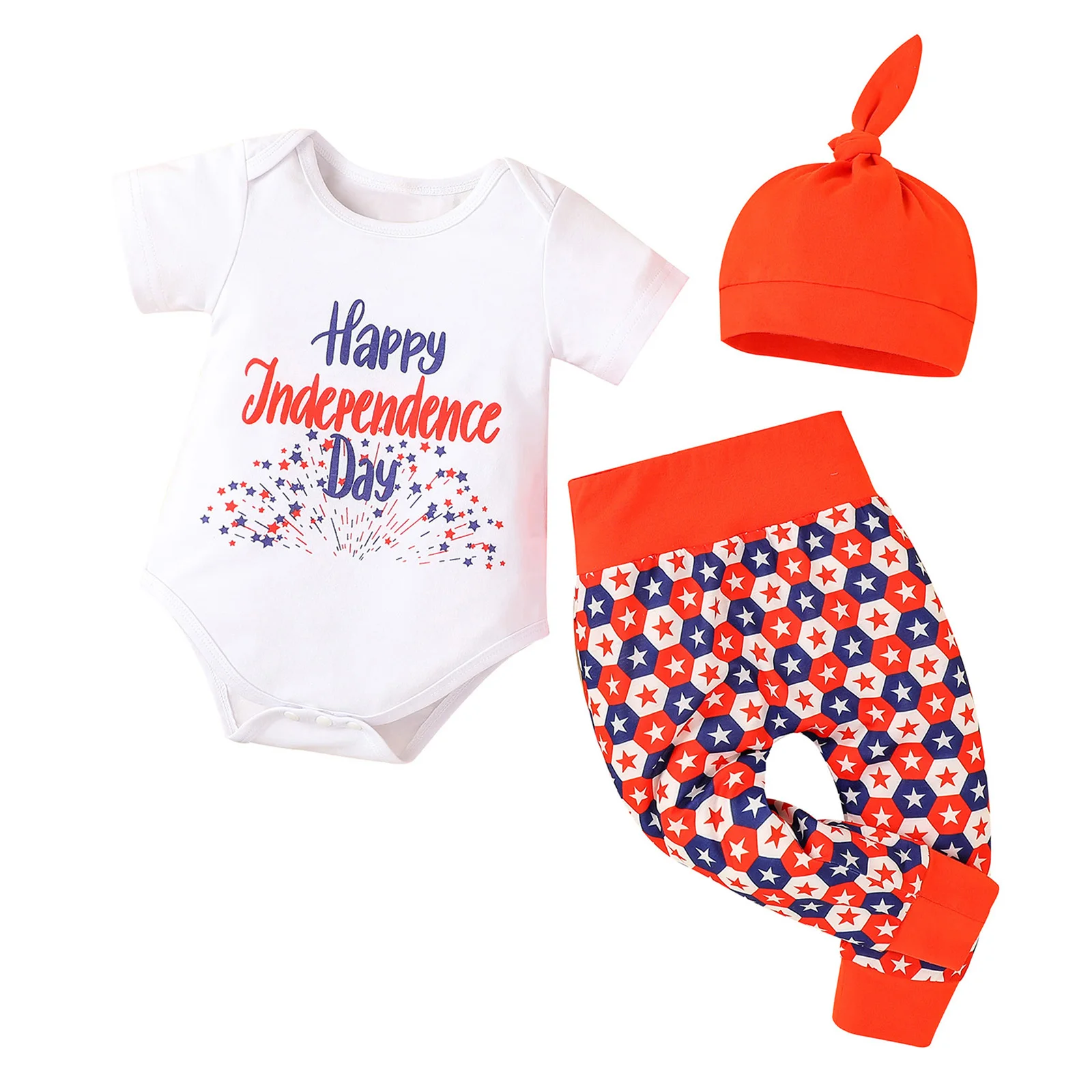 

Повседневный комплект для девочек на День Независимости, комбинезон с коротким рукавом и круглым вырезом, шапочка с брюками