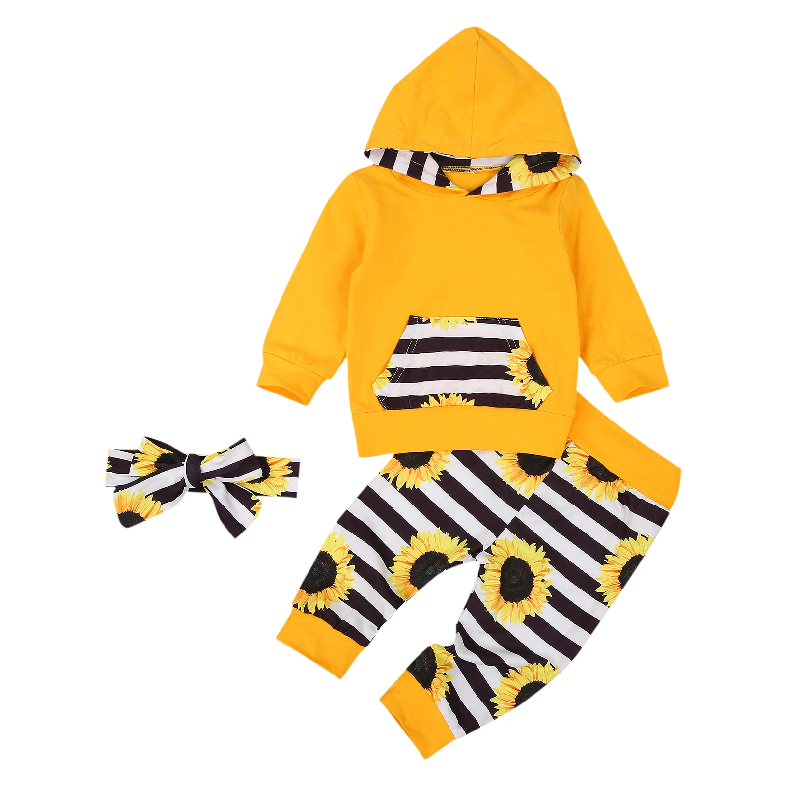 

2020 Baby Girl Fall Clothes Cute Sunflower Stripes Print Long Sleeve Top+Pants+Headband 3Pcs Outfits Set 3-24M