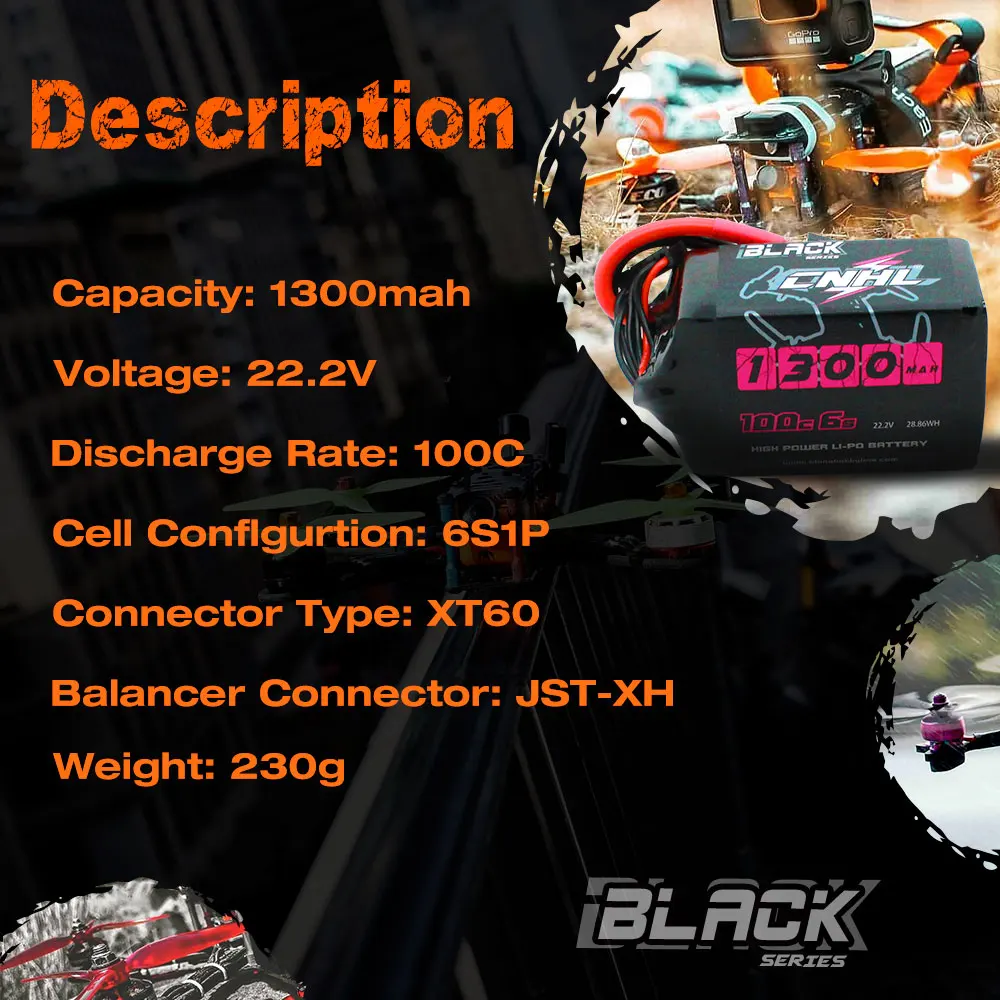 4 шт. CNHL 6S Lipo аккумулятор 1300 мАч 22 2 в 100C с XT60 черной серии для радиоуправляемого FPV