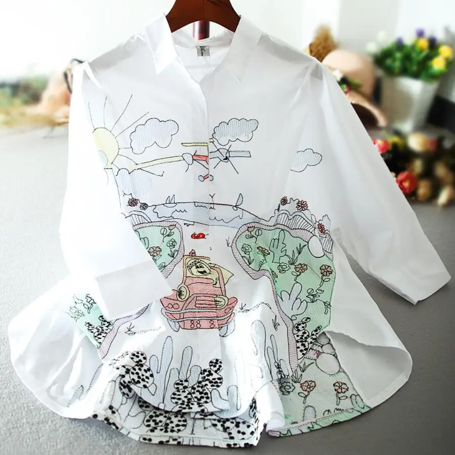 Женская блузка из хлопка и льна рубашка с принтом рукавом три четверти весна лето