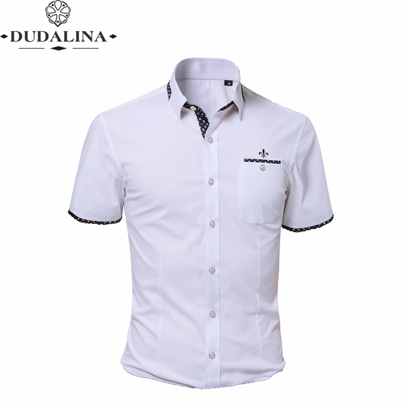 Модная блузка с принтом Camisa Social Masculina Dudalina, короткий рукав, приталенная рубашка, Мужская одежда, вышивка, белая, мужская, холодная