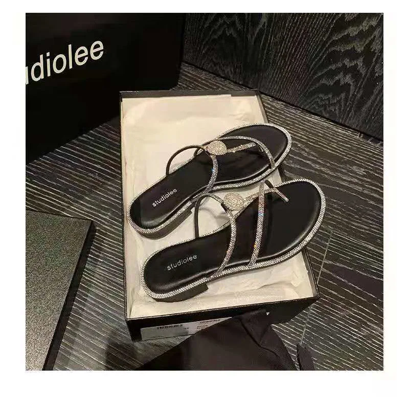 

Cross strap flip flops rhinestone sandals women 2021 summer new fairy style outer wear flat sandals and slippers ins tide