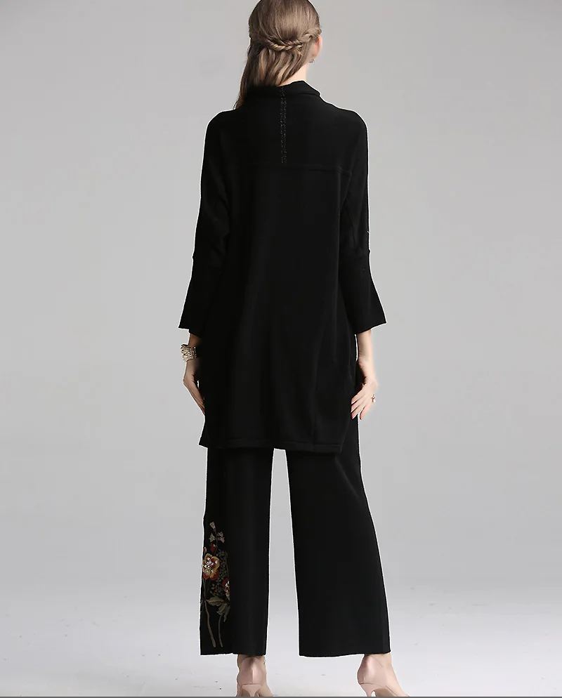 Осенний вязаный свитер с высоким воротником пуловер в китайском стиле вышивкой