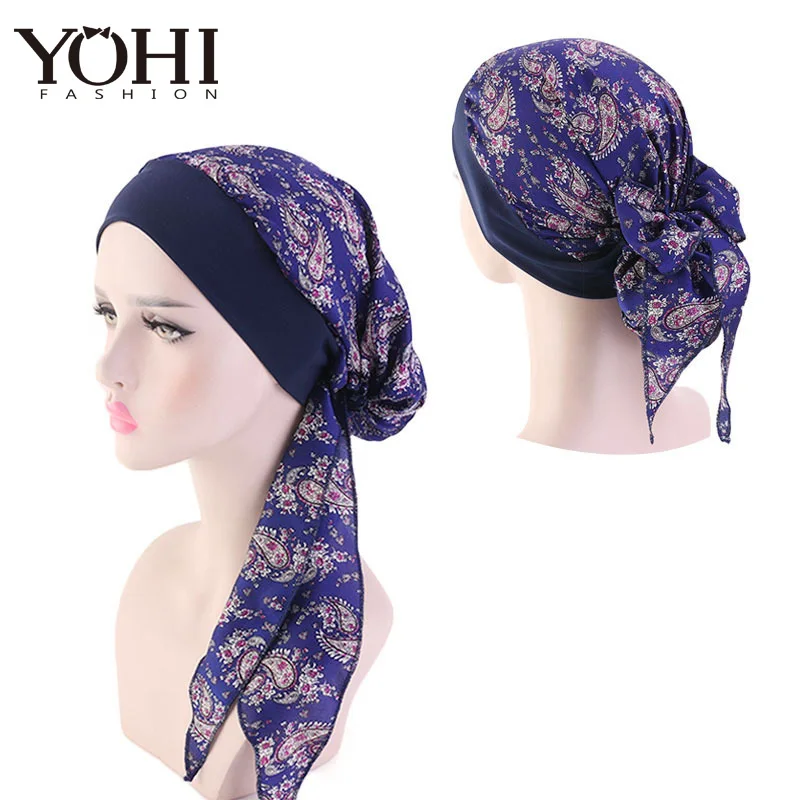 

2019 New silky bonnet headwrap Elastic Hair Band Women Scarves Pre-Tied Headwear Head Wrap Hair Accessories