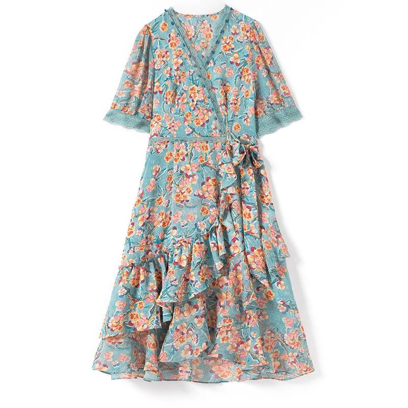 

COIGARSAM 3XL Plus Size French Style Ruffles Women dress New Summer Vintage Floral Print Chiffon Dresses Blue Flowers 9218