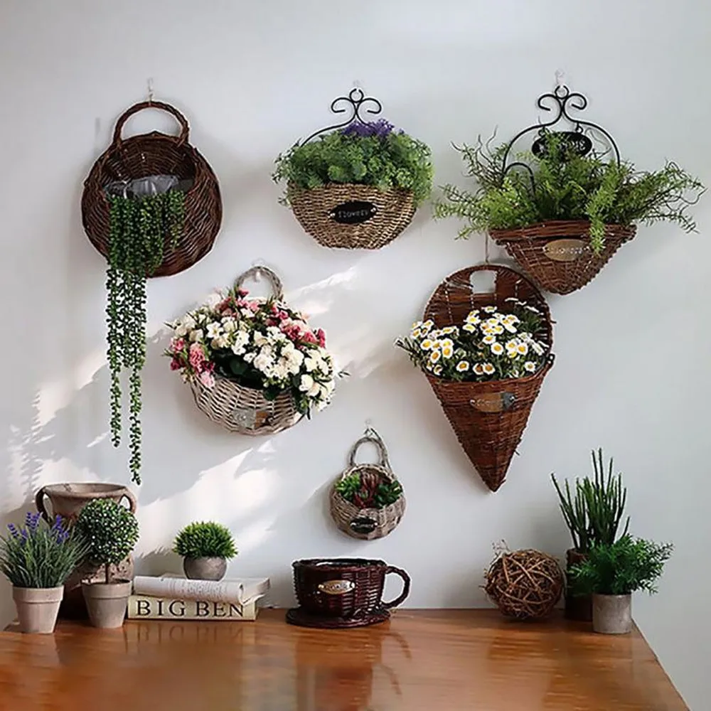 

New Wicker Rattan Flower Plant Hanging Basket Hand Made Wall Decoration For Garden Market Home Gardening Supplies Wholesale