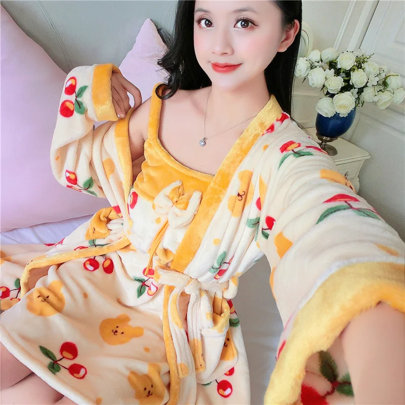 Warm Flannel Robe Set Winter Floral Robe Thicken Sexy Nightgowns Bathrobe Women Pajamas Bath Flannel Sleepwear Womens Homewear