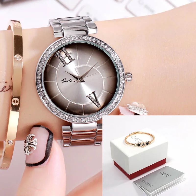 Silver white box GEDI модные элегантные женские часы с ремешком из сплава розового золота кварцевые наручные часы женские роскошные стразы уникальный дизайн часы с буквами - Цвет: Silver white box