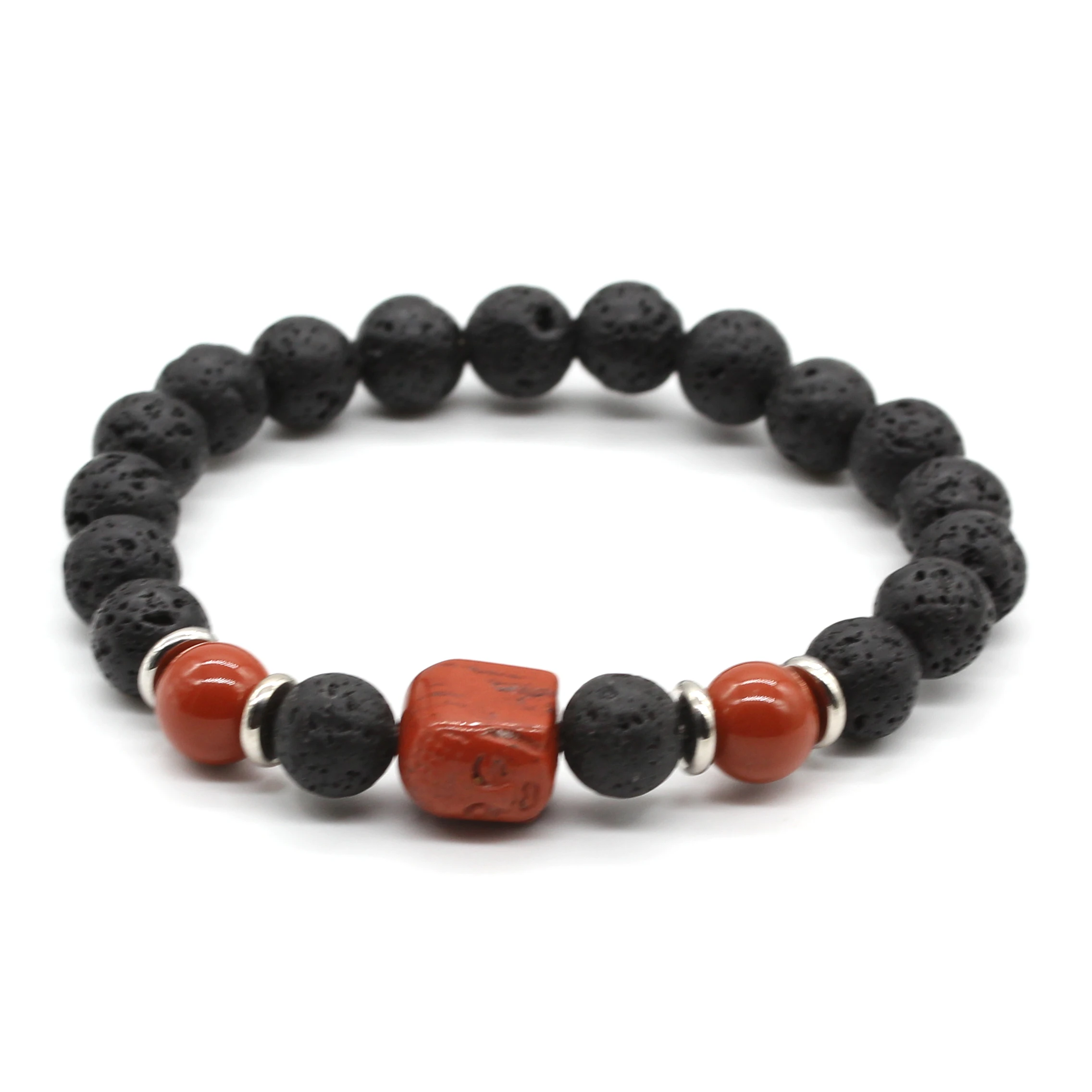 

100-Unique 1 Pcs Red Stone Buddha Head Connect 8 mm Round Beads Black Lava Stone Bracelets Meditation Jewelry