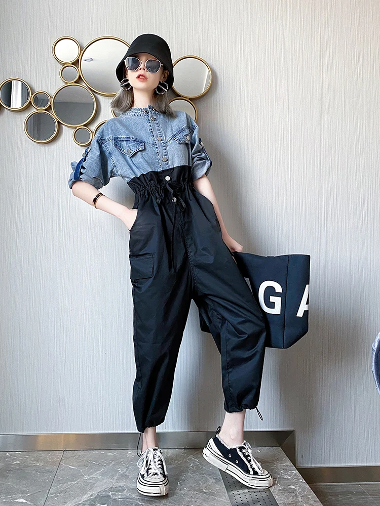 

Fashion stitching denim Jumpsuit Women Spring European goods Tide brand casual Jumpsuit adjustable waist tooling Jumpsuit Female