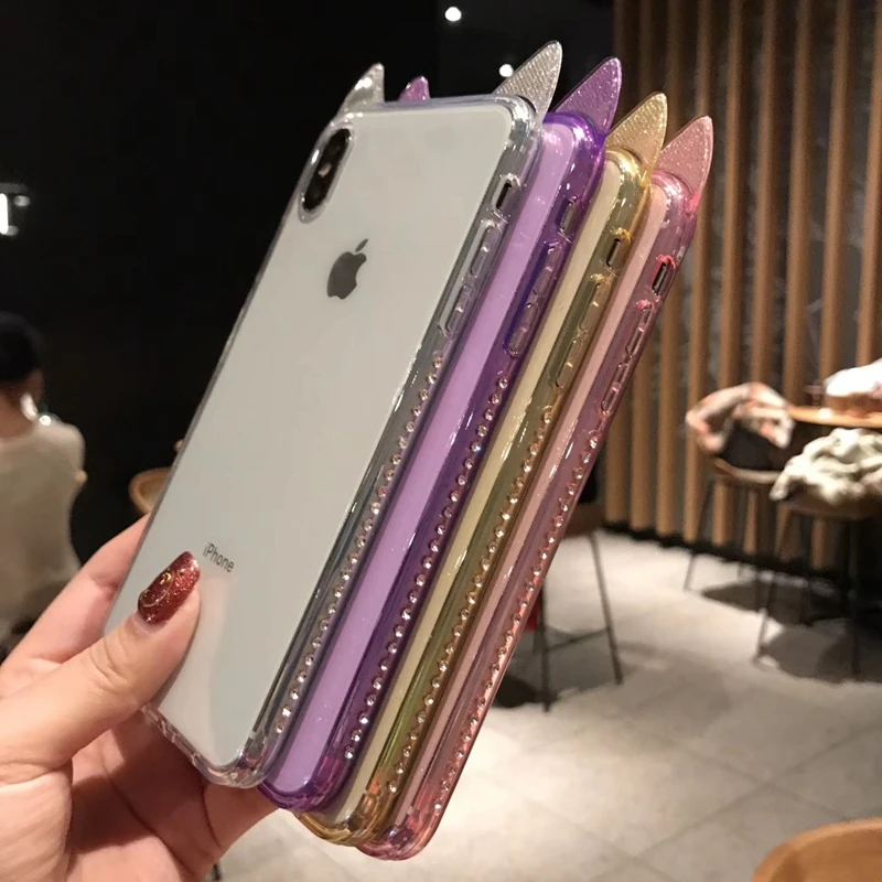 Блестящий чехол с кошачьими ушками для iphone X XS MAX 10 XR 7 8 Plus 6 6s блестящий мягкий