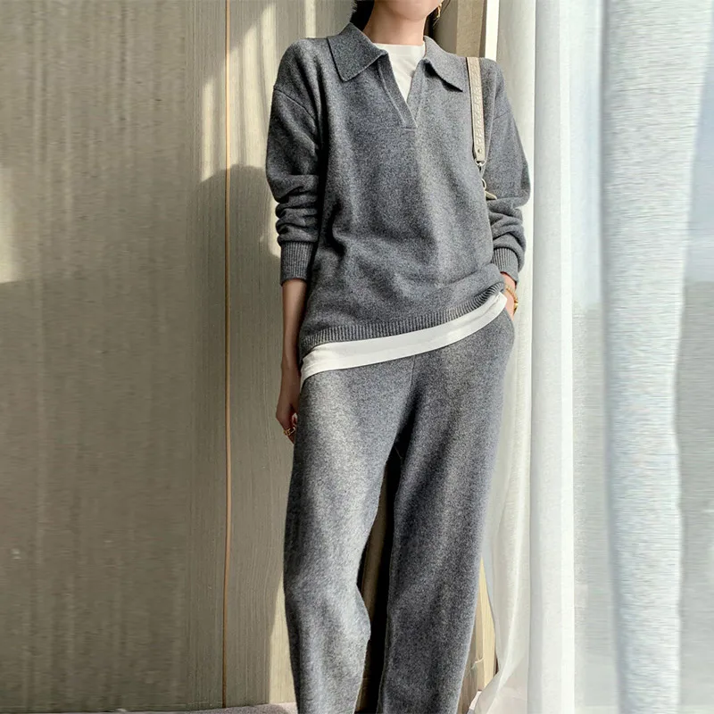 

Women Knitted Pullover Sweater Trousers Set Elegant Turn-down Collar Straight Pant Suits Female 2021 Autumn Lady Knit Sets