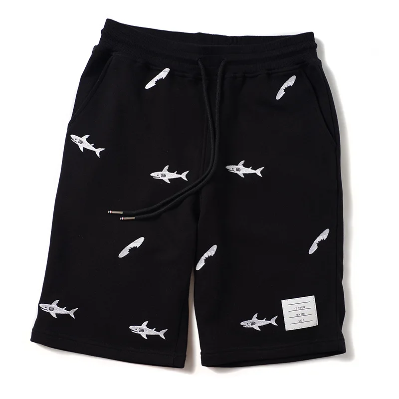 

Men New Embroidery Novelty shark Comfortable Classic Striped Skateboard Street Cotton Casual Shorts Kanye Hip-hop Parkour #L28