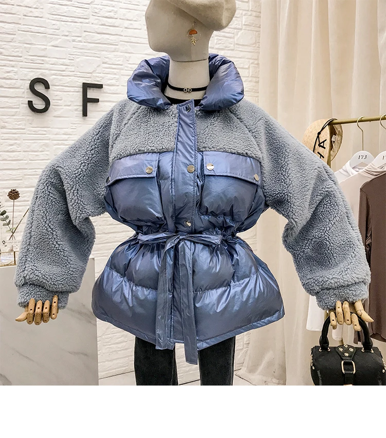 Mooirue Winter Casual Parkas Sherpa Fleece Patchwork Drawstring Lace Up Vintage Coats Harajuku Jackets Female white Coats - Цвет: Синий