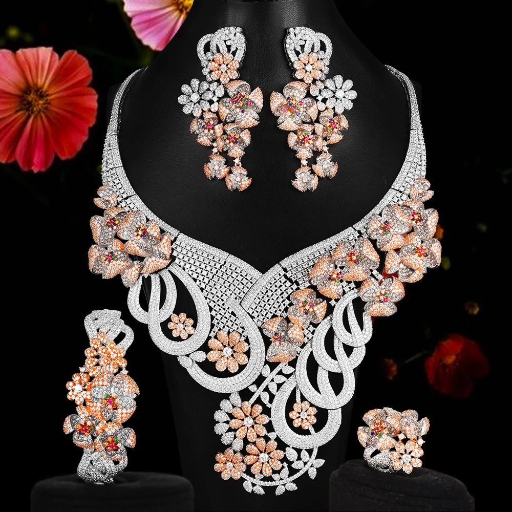 

Blachette Original Luxury Romantic Blooming Flowers Big Necklace Bracelet Ring Earrings Jewelry Set Bridal Wedding Banque Party