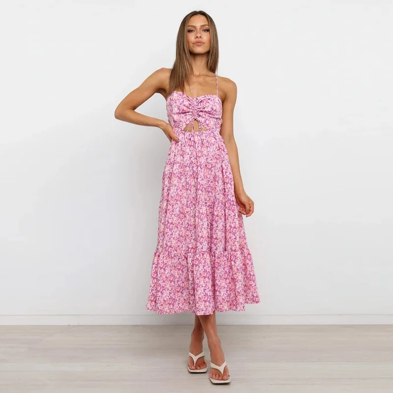 

Floral Print Sexy Backless Cross Bandage Midi Dress Women New Summer Casual Sleeveless Pink Drawstring Bohemian Beach Sundress