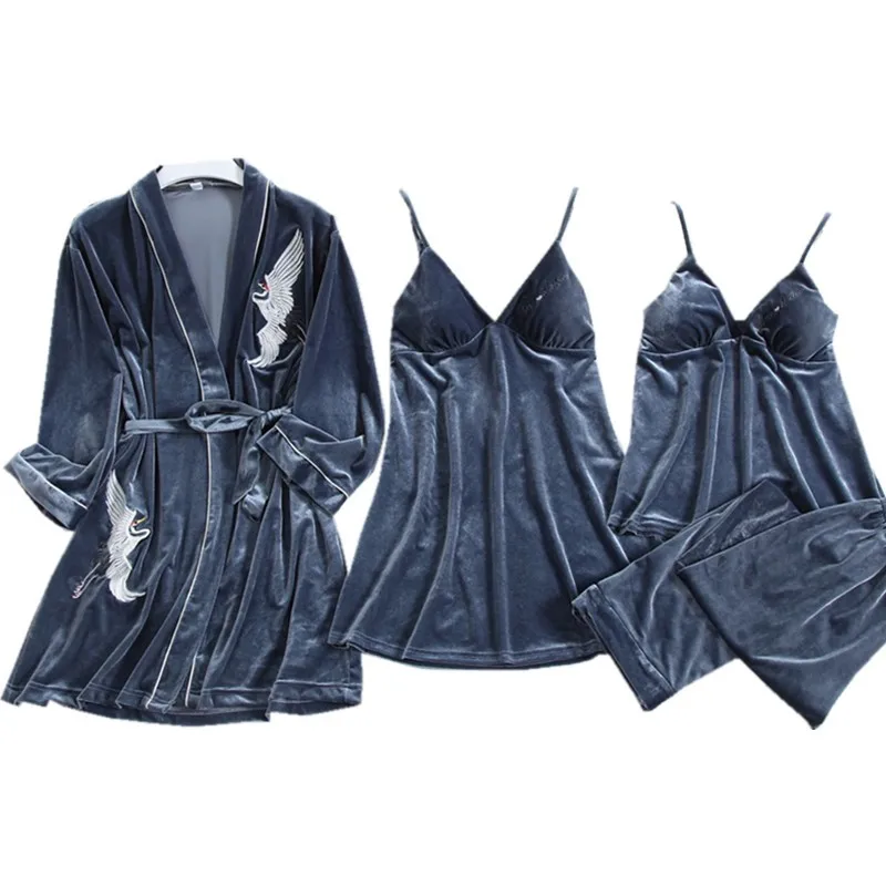 

Navy Blue Velvet Sleep Set 4PCS Nightwear Velour Home Clothing Intimate Lingerie Women Casual Pajamas Suit Autumn New Homewear