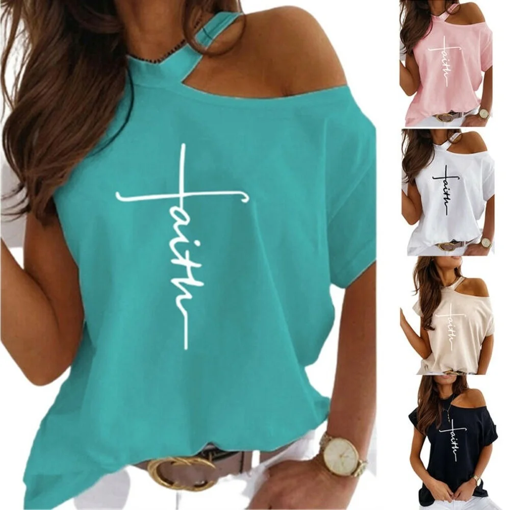 

Женская футболка с коротким рукавом и принтом, Летняя Повседневная Блузка с открытыми плечами, топы