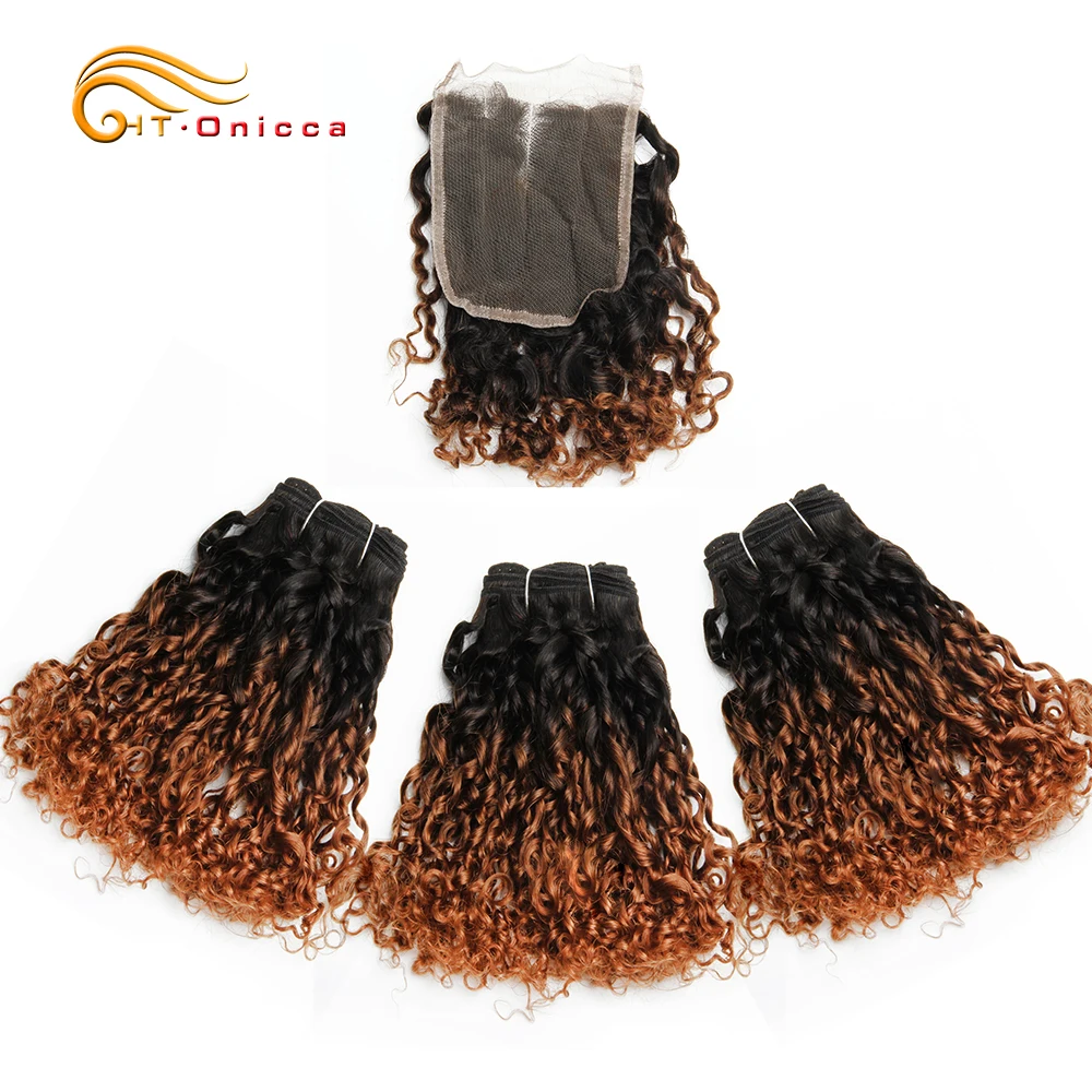

Ombre Brazilian Hair Bundles 1B 30 Blonde Bundles With Closure Pixie Curls Human Hair 3 Bundles with Closure 240g/Set Remy Hair