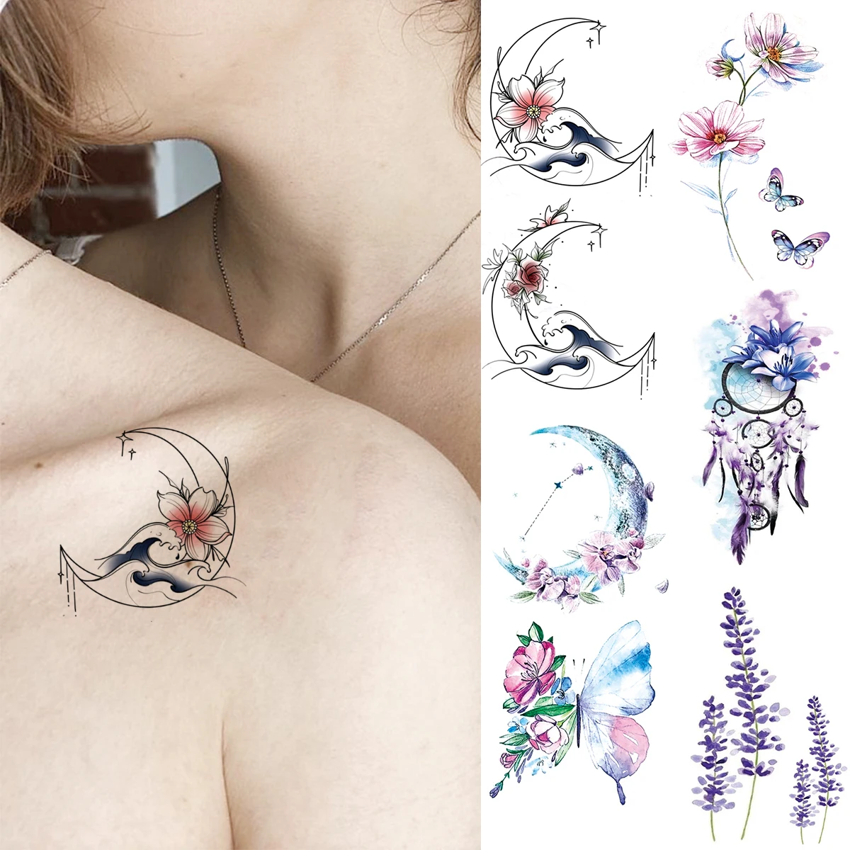 

Временные татуировки для женщин и детей, акварель, луна, цветок, лаванда, Ловец снов, искусственная татуировка, водонепроницаемые боди-арт, о...