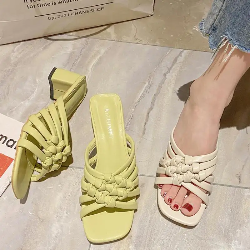 

Slippers Women Hollow Outs Solid Lady Shoe Thick Heeled Summer High Heels Sandals Open Toe Flip Flop Zapatos De Mujer Slides