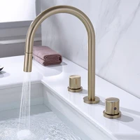 brushed gold widespread basin faucet hot cold brass sink mixer tap dual handle chrome pull out bathroom water crane vessel
