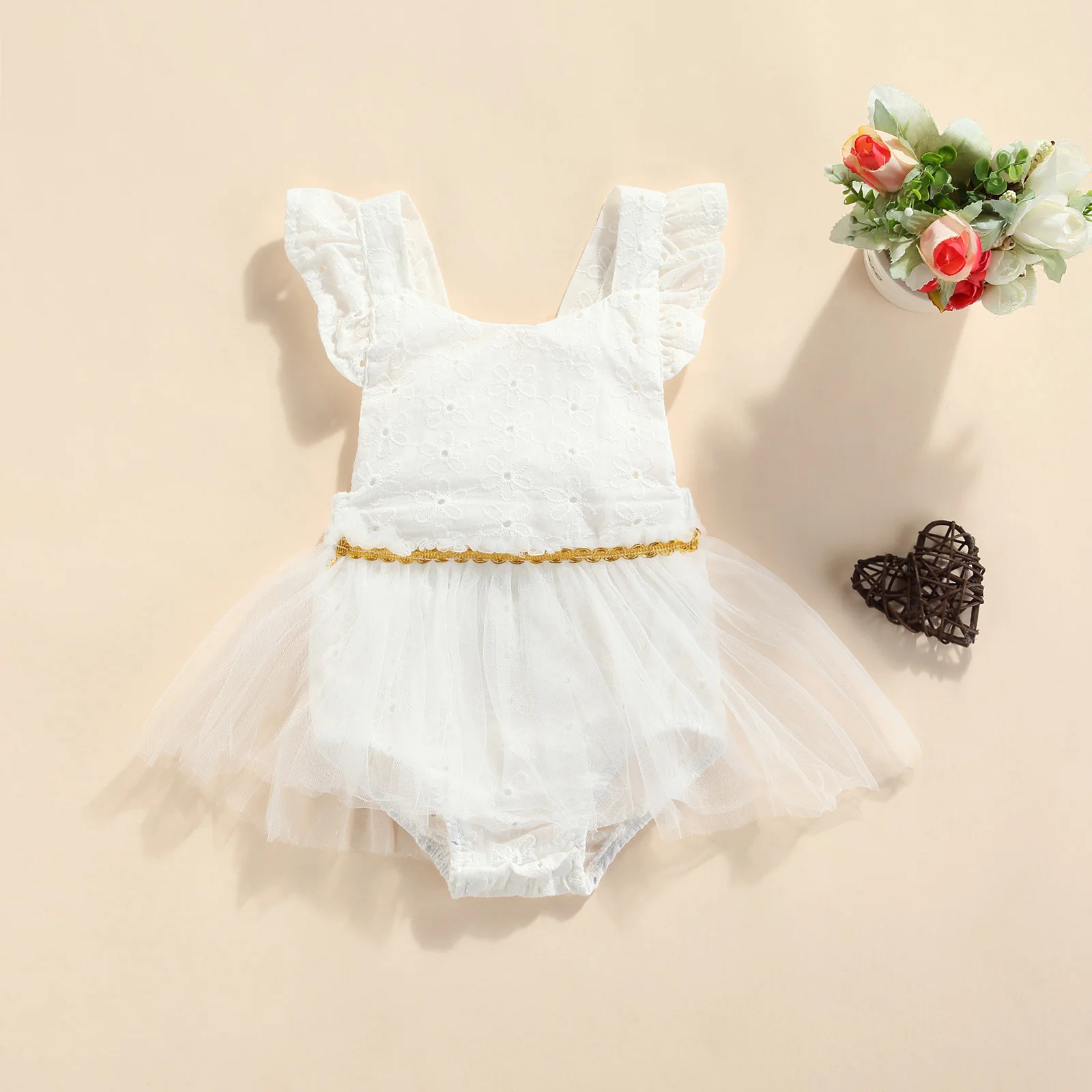 

Baby Girls Two-piece Clothes Set, White Sleeveless Square Collar Romper and Waist Band,0-18 Months,floral pattern/skin-friendly