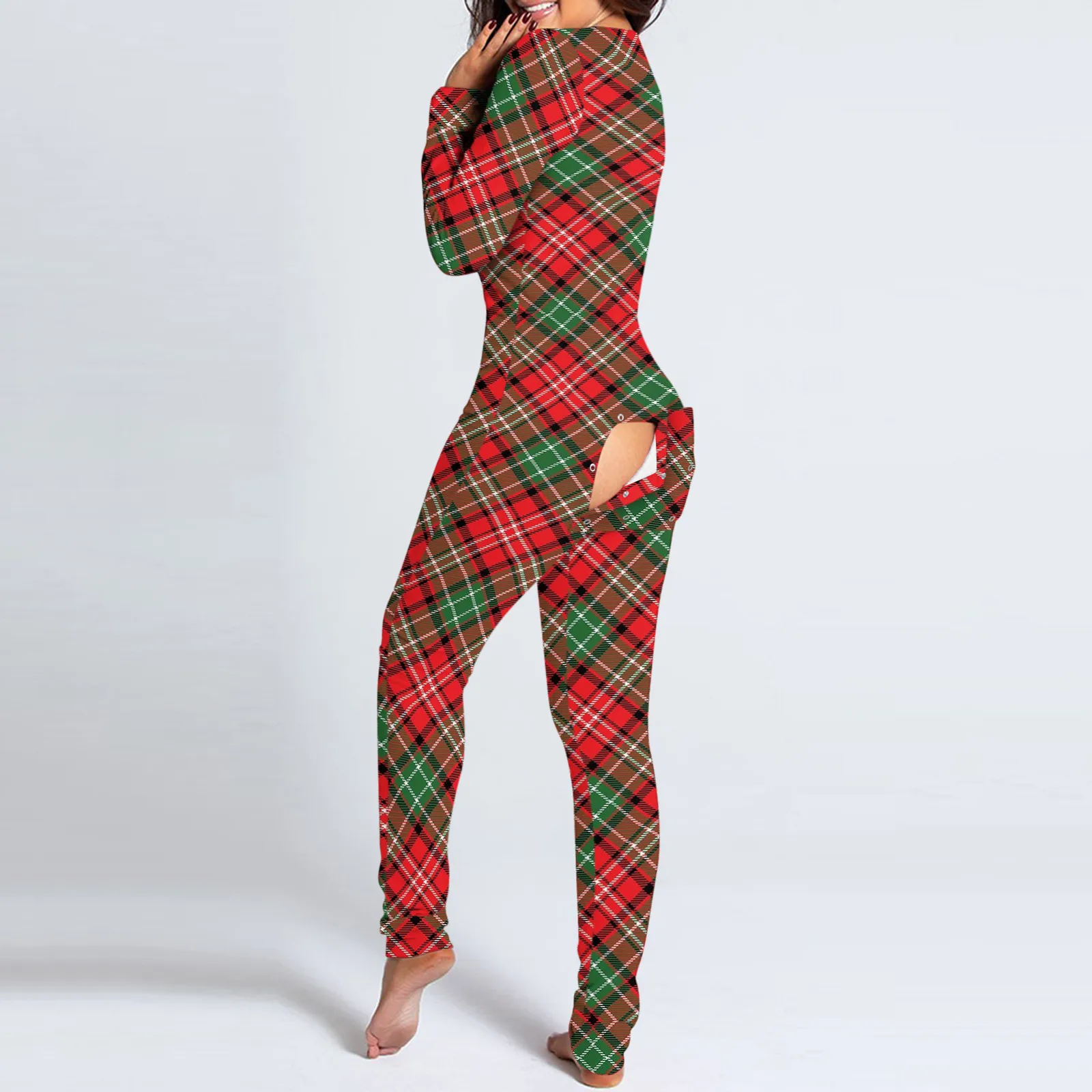 

Christmas Button-Down Onesies Jumpsuit Women Print Functional Long Sleeve Pajamas Buttoned Flap Adults Night Jumpsuit Sleepwear