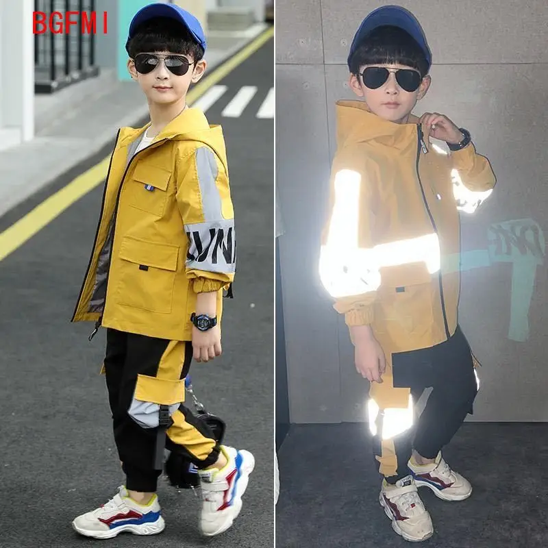 

Boy Clothing Boys Spring Sets 2020 New Youth Autumn Sportswear Windproof Hooded Jacket +pants Big Boy Kids Reflective 2 Pcs Set