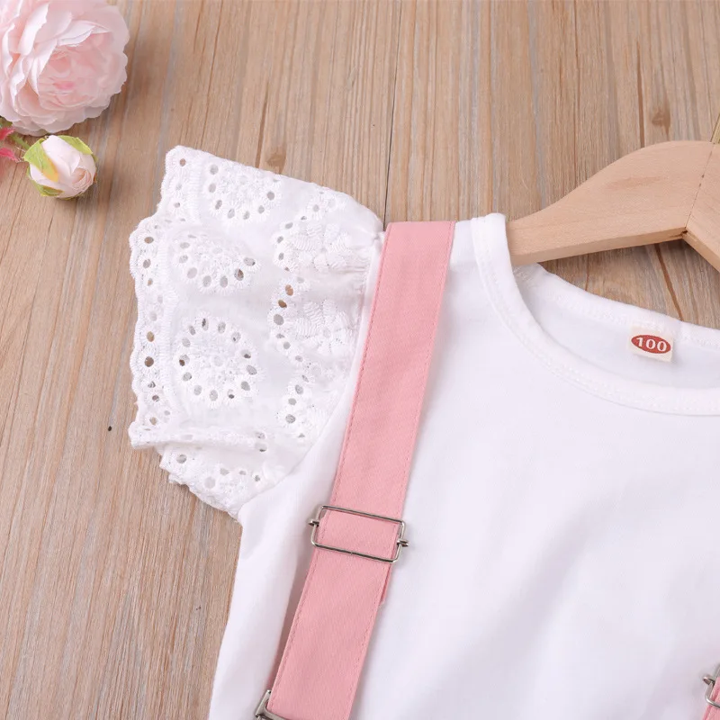 Girls Summer Clothing Set Casual Flying Sleeve Tops+Overall 2Pcs Outfits Sweet Girls Birthday Party Clothes For 2 3 4 5 6 Years