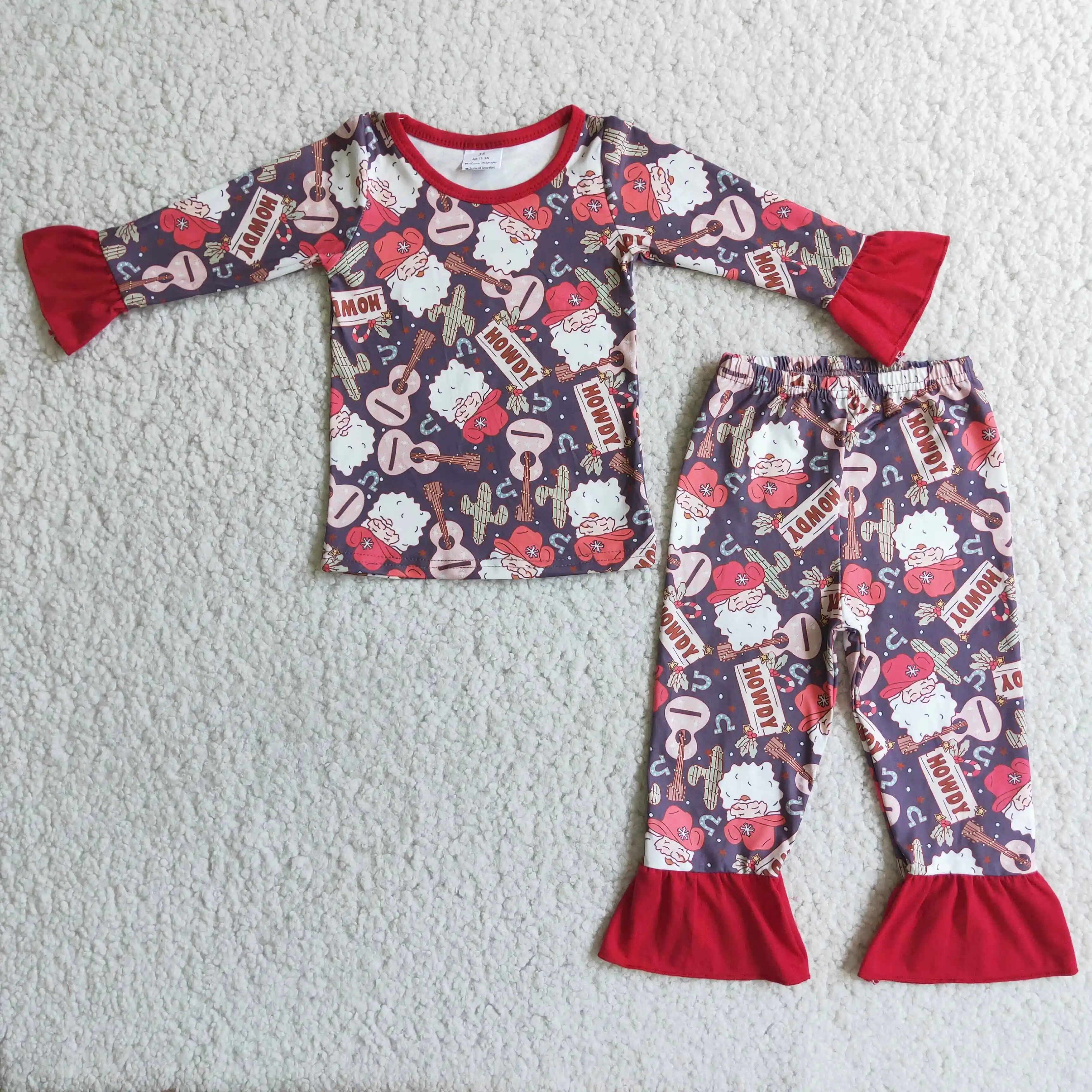 

Pajamas Sets Two Pcs Suit Red Girl Homewear Christmas Santa Guitar Cactus Pattern Howdy letter Boy Sets Kids Girl Pajamas RTS