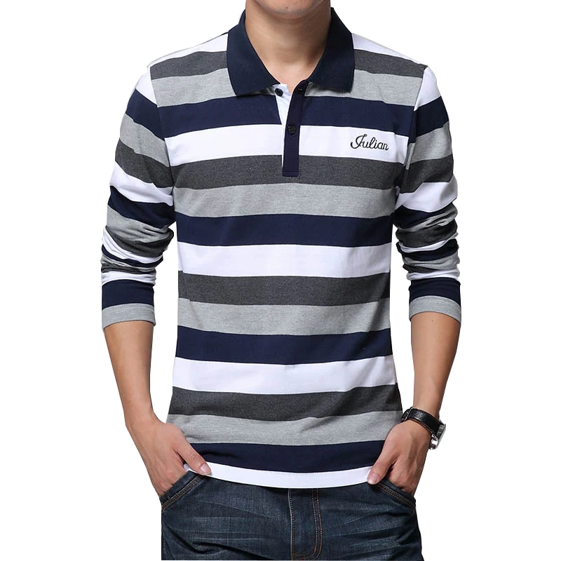 

Autumn Men's Stripe Embroidery T-shirt Letters Print Long Sleeved T-shirt Lapel Shirt T-shirt Large Size High Quality Cotton