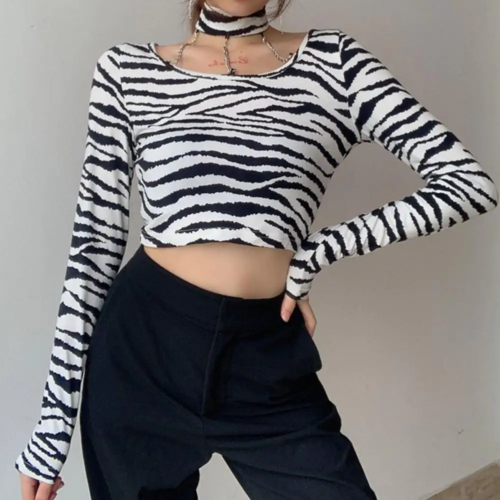 

Пикантные Для женщин с длинным рукавом цепи ожерелье-чокер с принтом «Зебра» обтягивающая кофта Топ Блузка