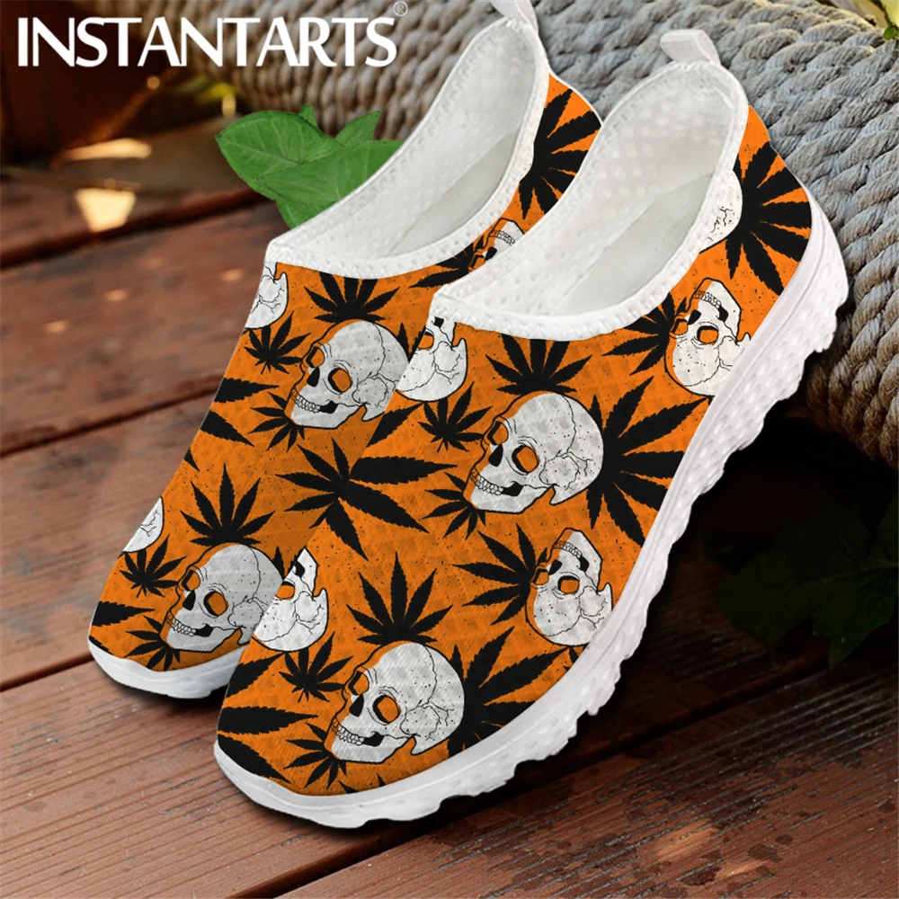 

INSTANTARTS Fashion Skull and Weed Leaves Printed Flat Shoes for Women Breathable Mesh Sneakers for Ladies Slip-on Loafers Hot