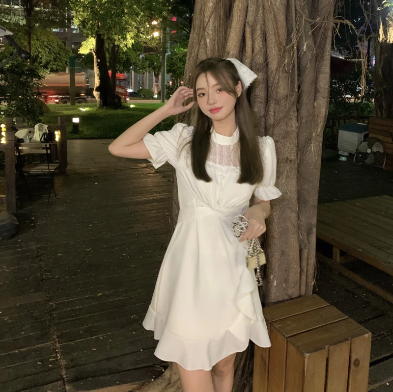 

Dress Design Sense Lace Short-sleeved Dress Female Summer New Style Skirt Korean High-waist Short Skirt