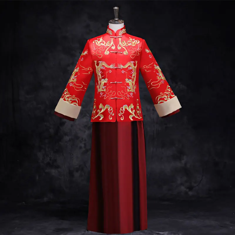 

FZSLCYIYI Dragon Embroidery Traditional Groom Wedding Long Gown Robe Vintage Clothing Elegant Oriental Tang Suits