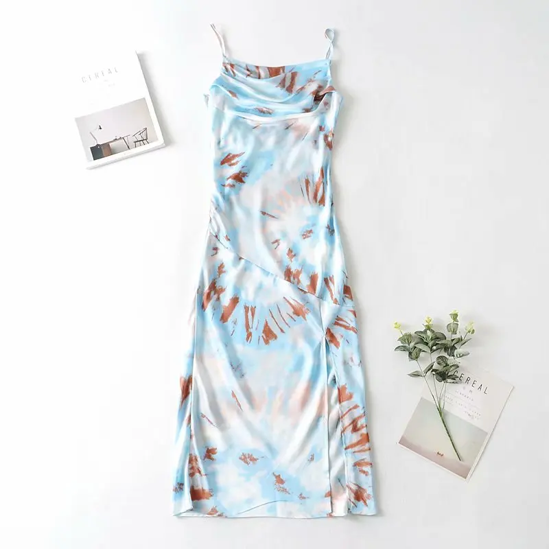 

Платье женское средней длины на бретелях, винтажное модное приталенное с разрезом и принтом тай-дай, праздничный стиль, без рукавов
