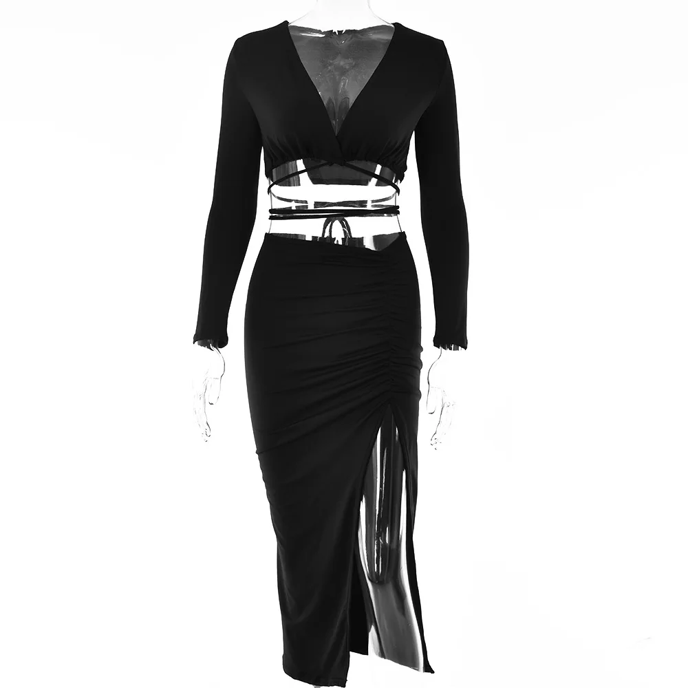 

2021 Summer Women Sexy Bodycon Dress Sets Women Solid Color 2Piece Set Long-sleeved Crop Top High Split Maxi Dress Party Outfits