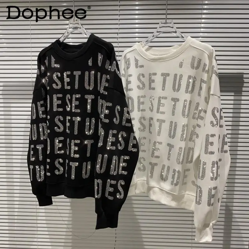 

2021 осенние толстовки Стразы с надписью, Женский пуловер с круглым вырезом и длинным рукавом, Свитшот оверсайз, топ, женское свободное повсед...