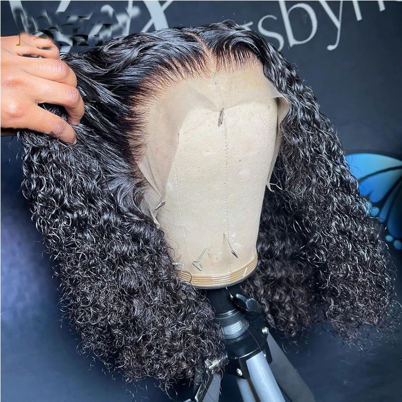12Inch Black Short Bob Kinky Curly Synthetic Lace Front Wig Glueless 13x4 Lace Wig For Women Daily Wear Fiber Wigs 180%Density