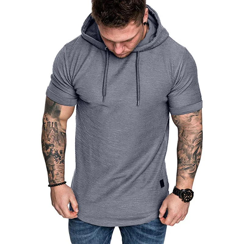 

2021 new summer casual running fitness sports short-sleeved T-shirt men's casual fashion solid color hooded T-shirt
