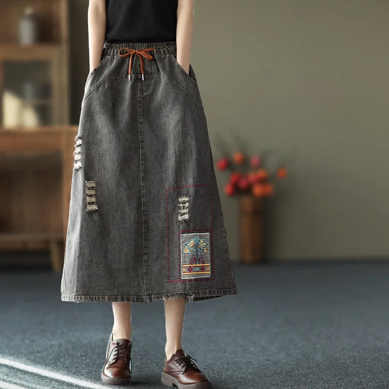 

IEQJ 2021 New Summer Fashion High Waist Patchwork Pocket Denim A-line Halfbody Skirt Female Big Bottom Tide WP81805