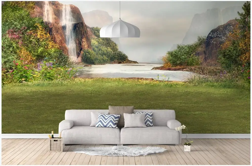 Free shipping wall paper 3 d custom mural Fresh grass pastoral waterfall nature home decor photo wallpaper in the living room |