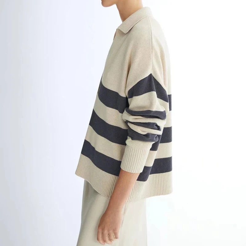 

2021 Office Striped V Neck Wool Women Sweaters Polo Shirt Long Sleeve Oversized Casual Pullovers Female Sweaters