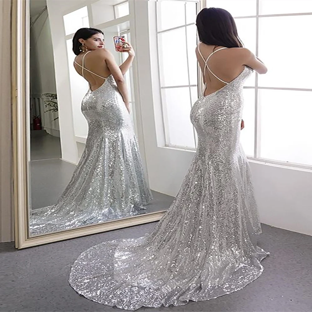 

Silver Sequin Mermaid Evening Dress 2022 Sexy Backless Floor Length Prom Dresses Glitter Women Formal Party Gown Robes De Soriee