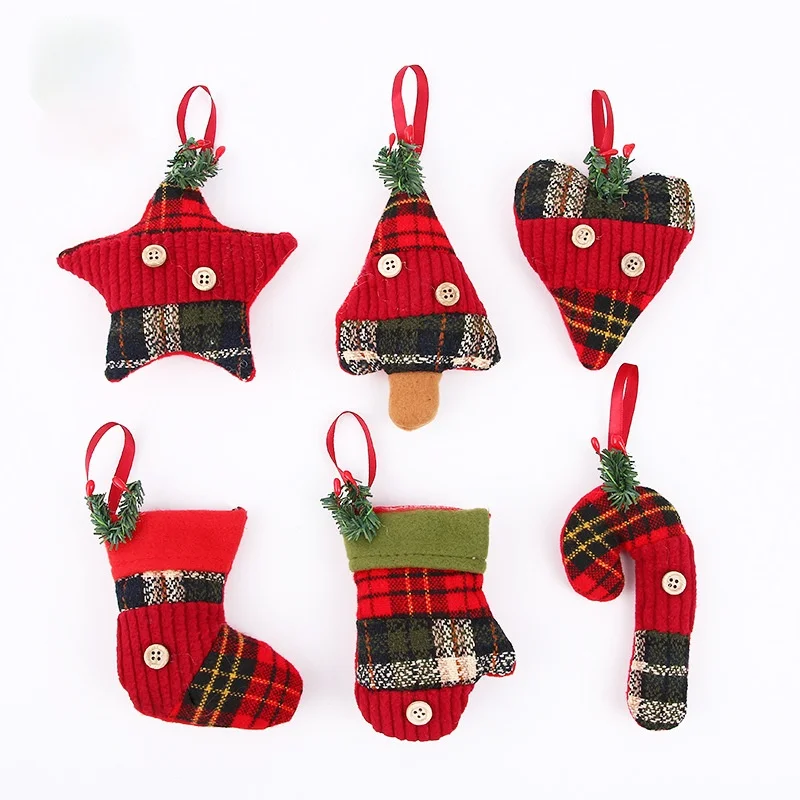 

New Year Christmas Home Decoration Doll Christmas Sock Stocking Heart Plaid Fabrics Pendant Wall Tree Decor Xmas Supplies
