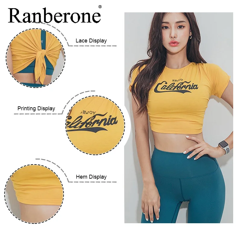 Ranberone Sport Top Fitness Women Letter Yoga Top Short Sleeve Shirt Female Running Sportswear Crop Top Women Workout Gym Top