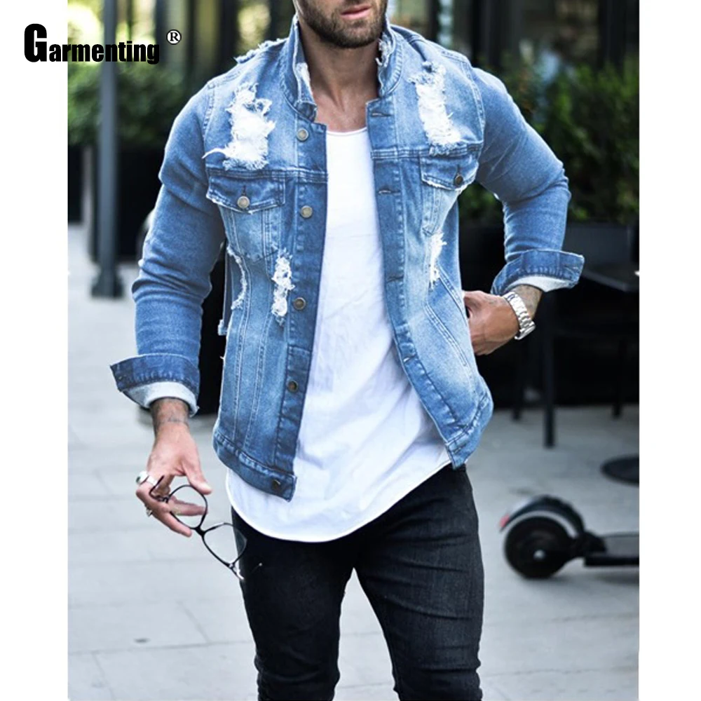 

Garmenting Men Demin Jackets Fashion 2021 Autumn Winter Stand Collar Outerwear Hole Ripped Demin Jacket Slim Fitted Male Clothes