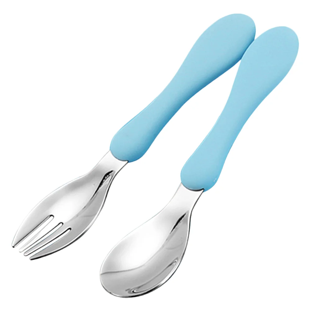 

Children Spoon Portable Silicone Handle Stainless Steel Fork Safety Baby Feeding Spoon Eating Training Spork Kids