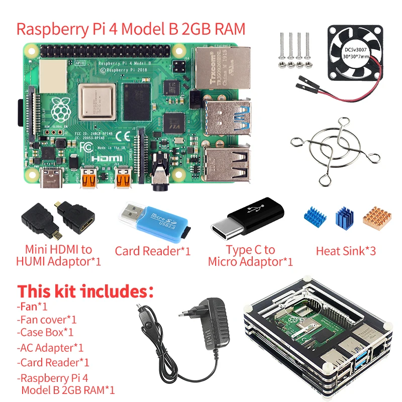 Оригинальный Bluetooth для Raspberry Pi Модель B PI 4B 2 ГБ/4 ГБ: плата + радиатор кардридер